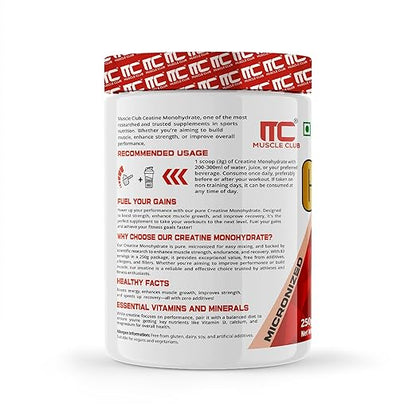 Muscle Club Creatine Monohydrate 250g –  Micronized Creatine Powder for Muscle Strength, Power & Endurance – Fast Absorption – Pre/Post Workout Supplement for Men & Women