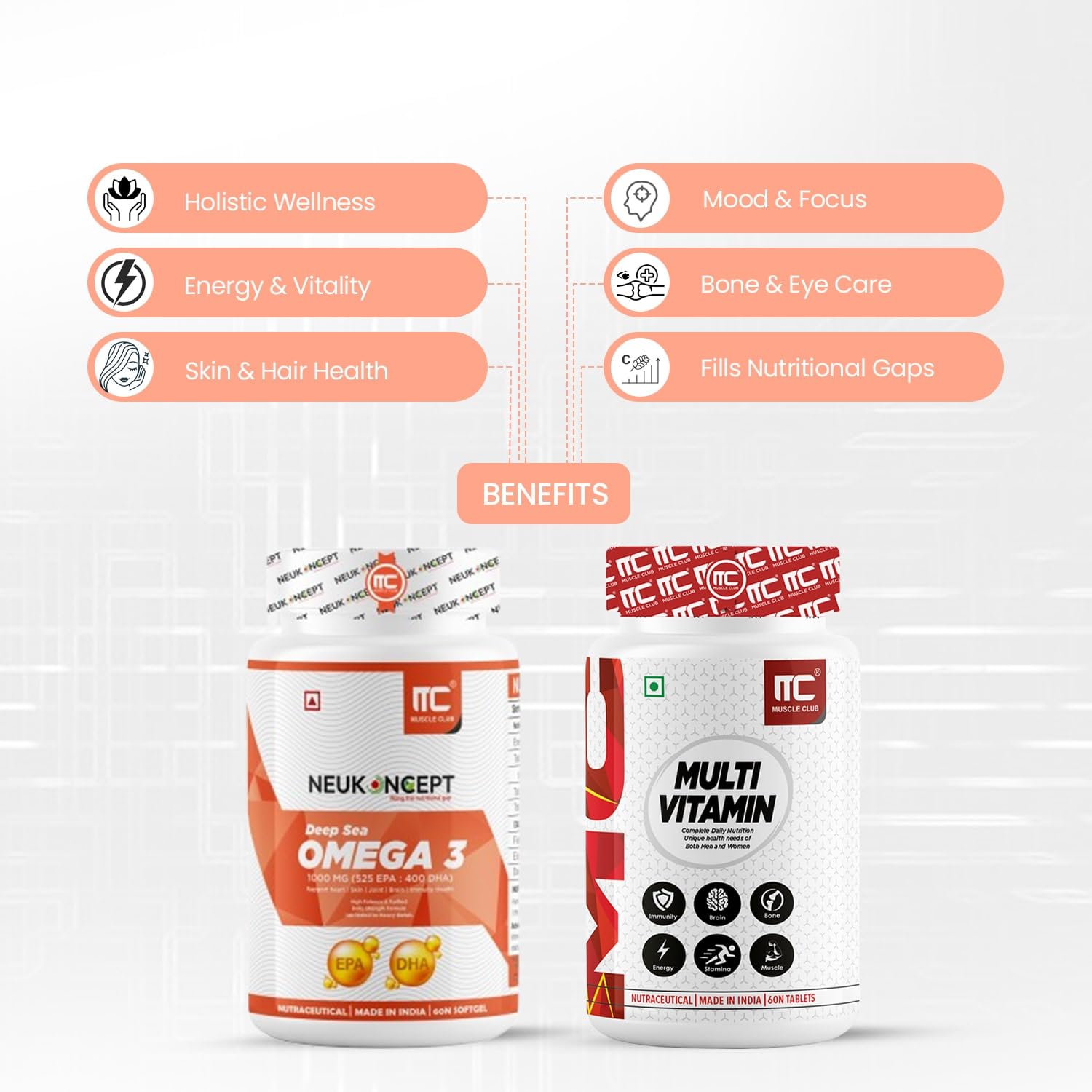 MuscleClub Neukoncept Deep Sea Fish Oil | omega 3 fish oil capsules | High absorption omega 3 fish oil capsules for Heart, Brain & Joints (Omega 3 + Multivitamin Combo) - Muscle Club