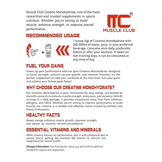 Muscle Club Creatine Monohydrate 250g –  Micronized Creatine Powder for Muscle Strength, Power & Endurance – Fast Absorption – Pre/Post Workout Supplement for Men & Women