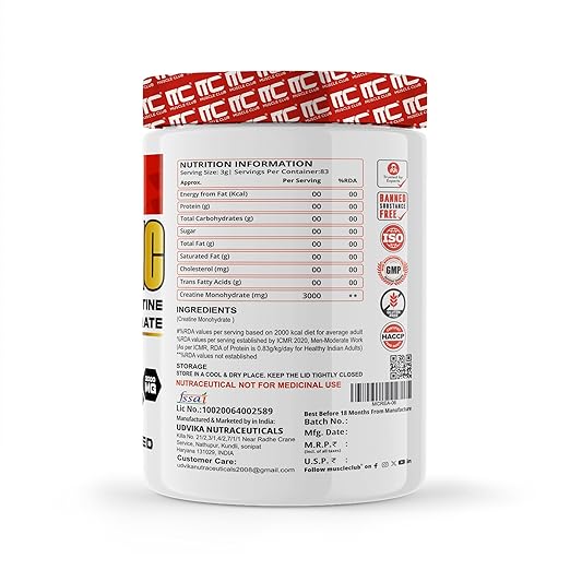 Muscle Club Creatine Monohydrate 250g –  Micronized Creatine Powder for Muscle Strength, Power & Endurance – Fast Absorption – Pre/Post Workout Supplement for Men & Women