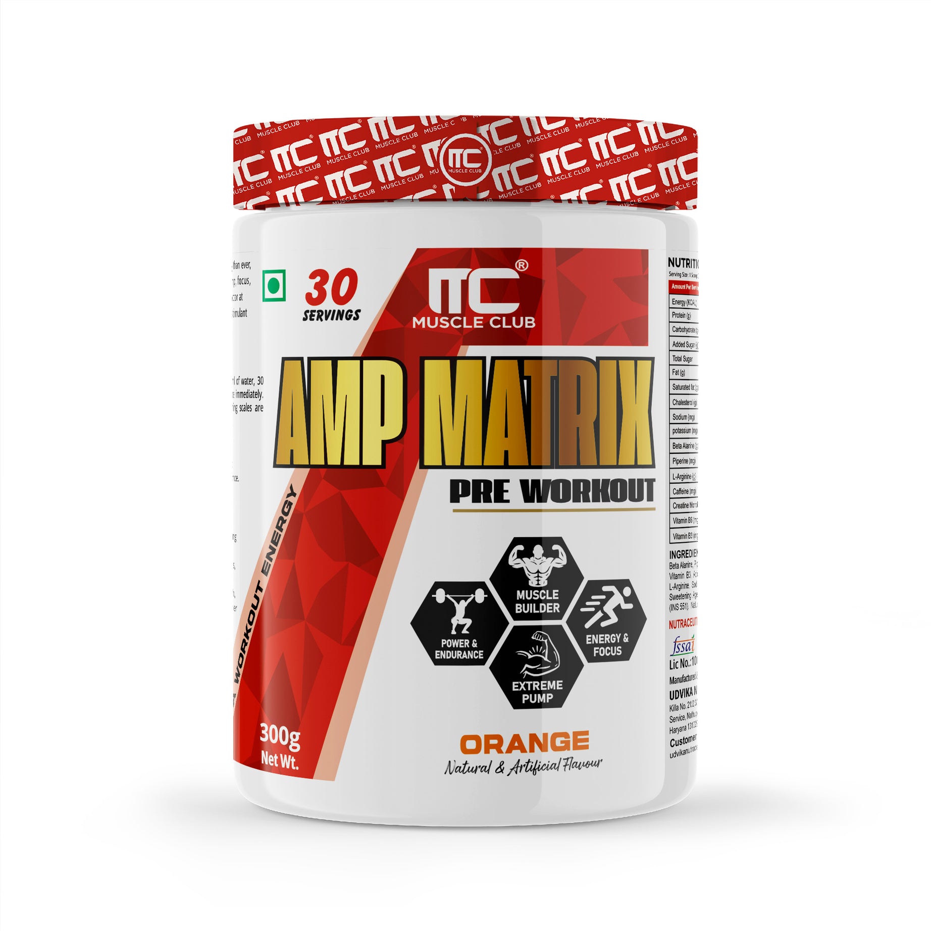 Muscle Club AMP Matrix Pre-Workout – 30 Servings, Orange – Beta Alanine, Caffeine, Creatine, L-Arginine, Vitamin B3 & B6 – Boosts Energy, Focus & Performance – 300g