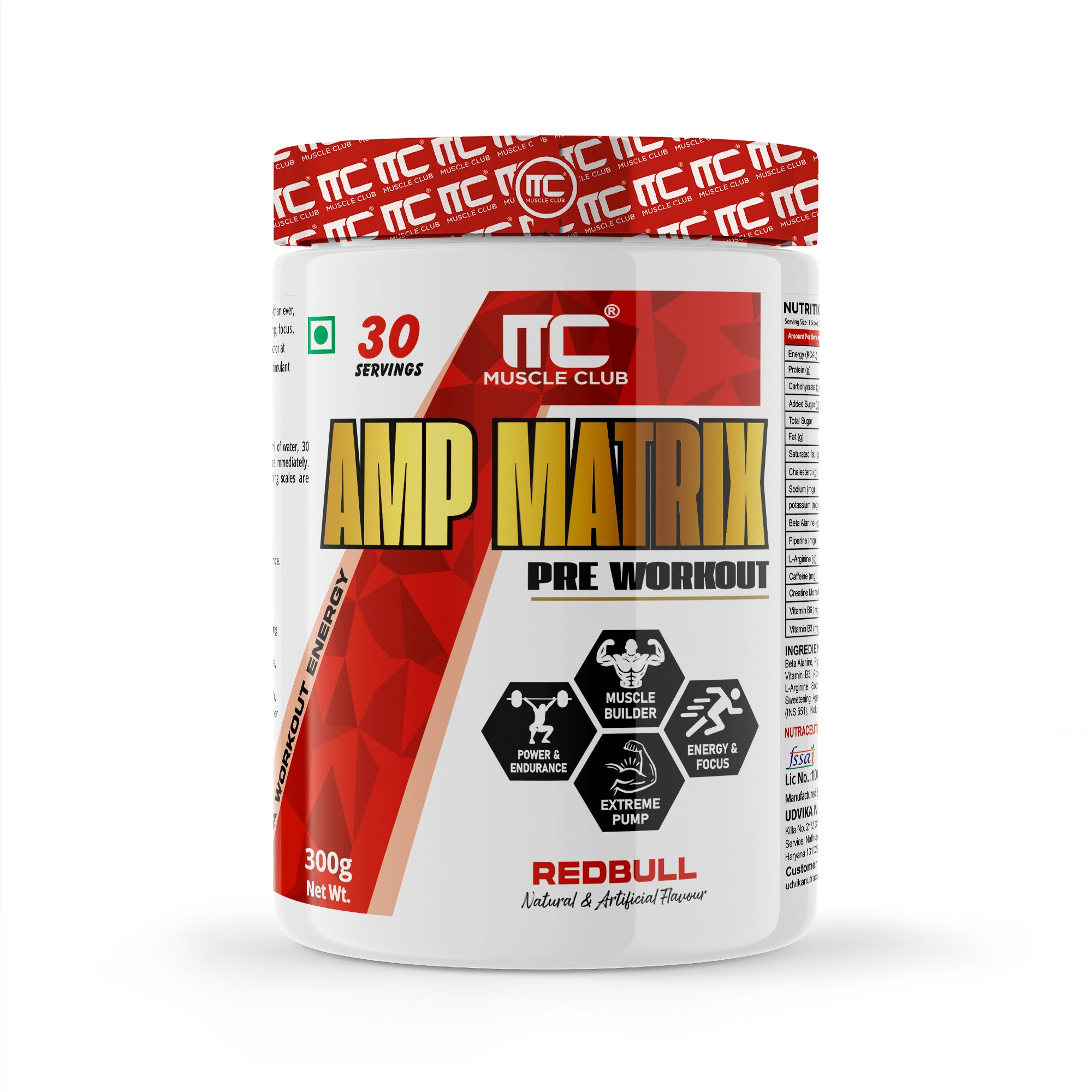 Muscle Club AMP Matrix Pre-Workout – 30 Servings, Beta Alanine, Caffeine, Creatine, L-Arginine, Vitamin B3 & B6 – Boosts Energy, Focus & Performance – 300g - Muscle Club
