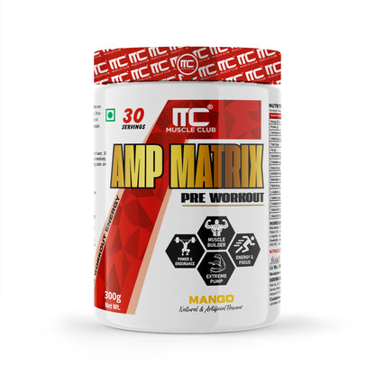 Muscle Club AMP Matrix Pre-Workout – 30 Servings, Beta Alanine, Caffeine, Creatine, L-Arginine, Vitamin B3 & B6 – Boosts Energy, Focus & Performance – 300g - Muscle Club