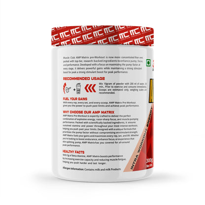 Muscle Club AMP Matrix Pre-Workout – 30 Servings, Beta Alanine, Caffeine, Creatine, L-Arginine, Vitamin B3 & B6 – Boosts Energy, Focus & Performance – 300g - Muscle Club