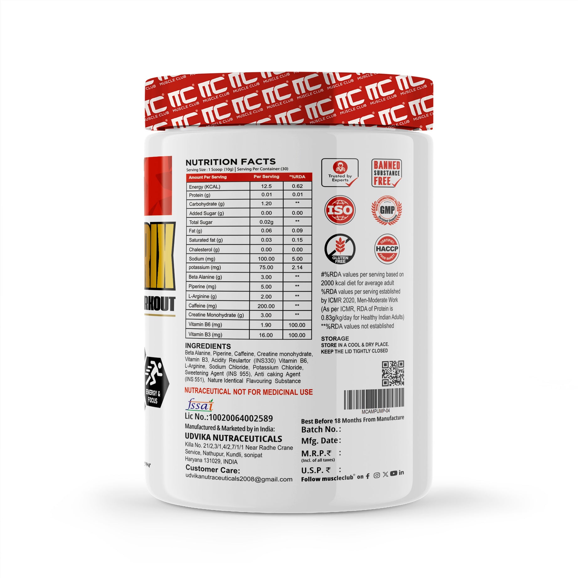 Muscle Club AMP Matrix Pre-Workout – 30 Servings, Beta Alanine, Caffeine, Creatine, L-Arginine, Vitamin B3 & B6 – Boosts Energy, Focus & Performance – 300g - Muscle Club