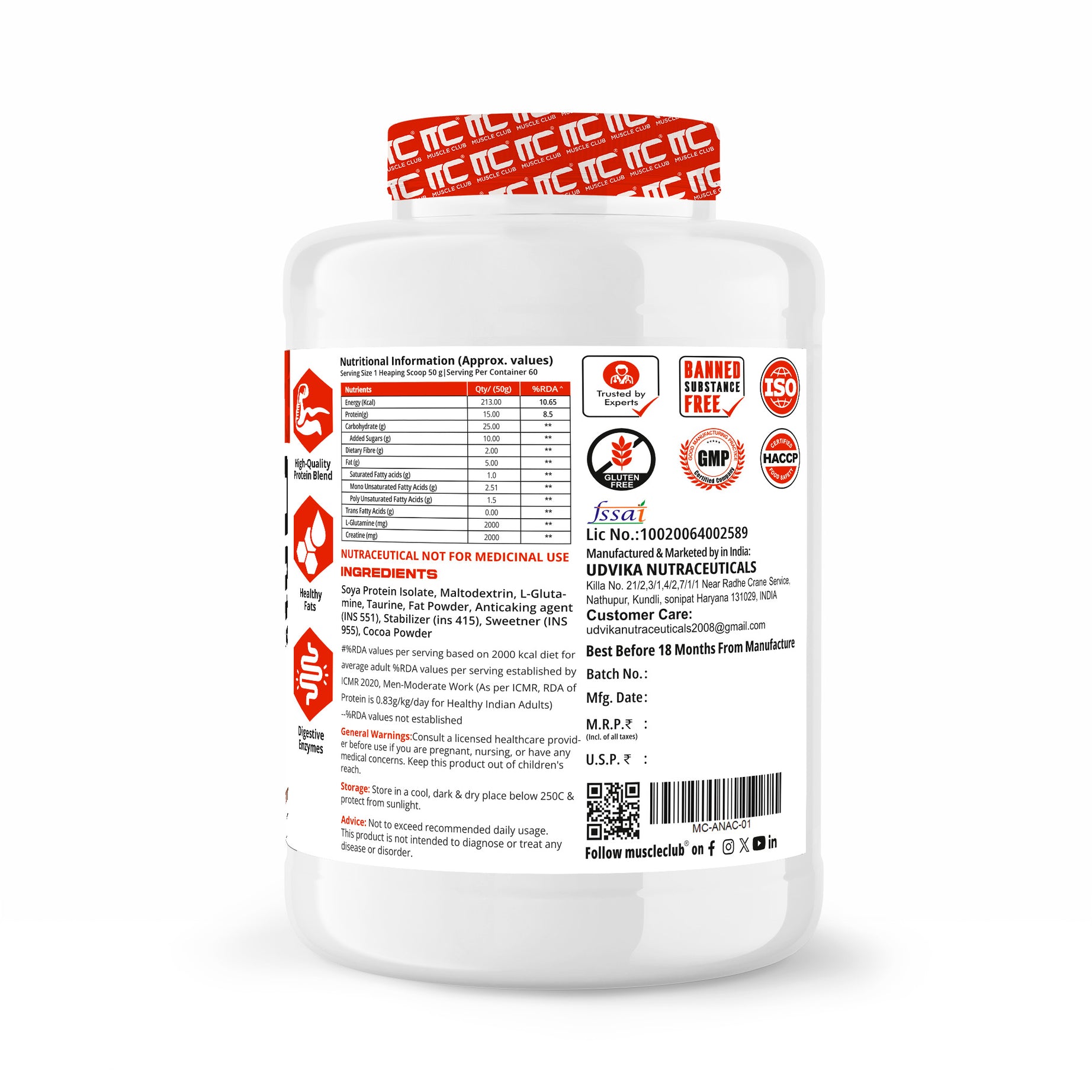 Muscle Club Anabolic Mass Gainer – 3kg 60 Serving – High-Calorie Weight Gainer with Protein, Complex Carbs, L-Glutamine, Creatine & Dietary Fibre – Supports Muscle Growth & Recovery - Muscle Club