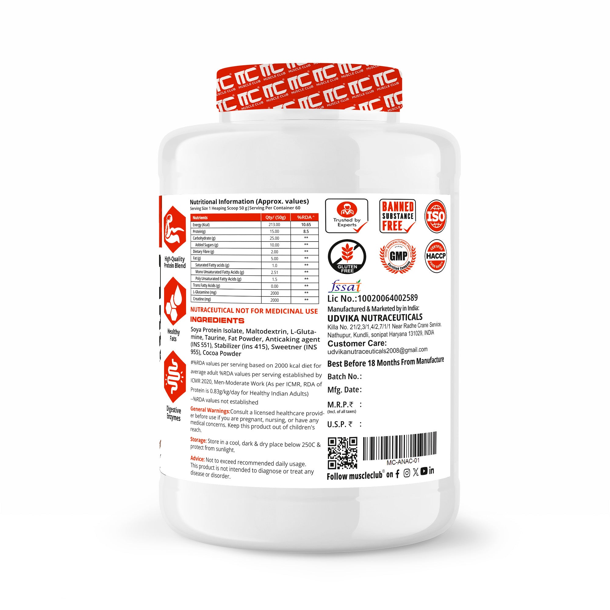 Muscle Club Anabolic Mass Gainer – 3kg 60 Serving – High-Calorie Weight Gainer with Protein, Complex Carbs, L-Glutamine, Creatine & Dietary Fibre – Supports Muscle Growth & Recovery - Muscle Club