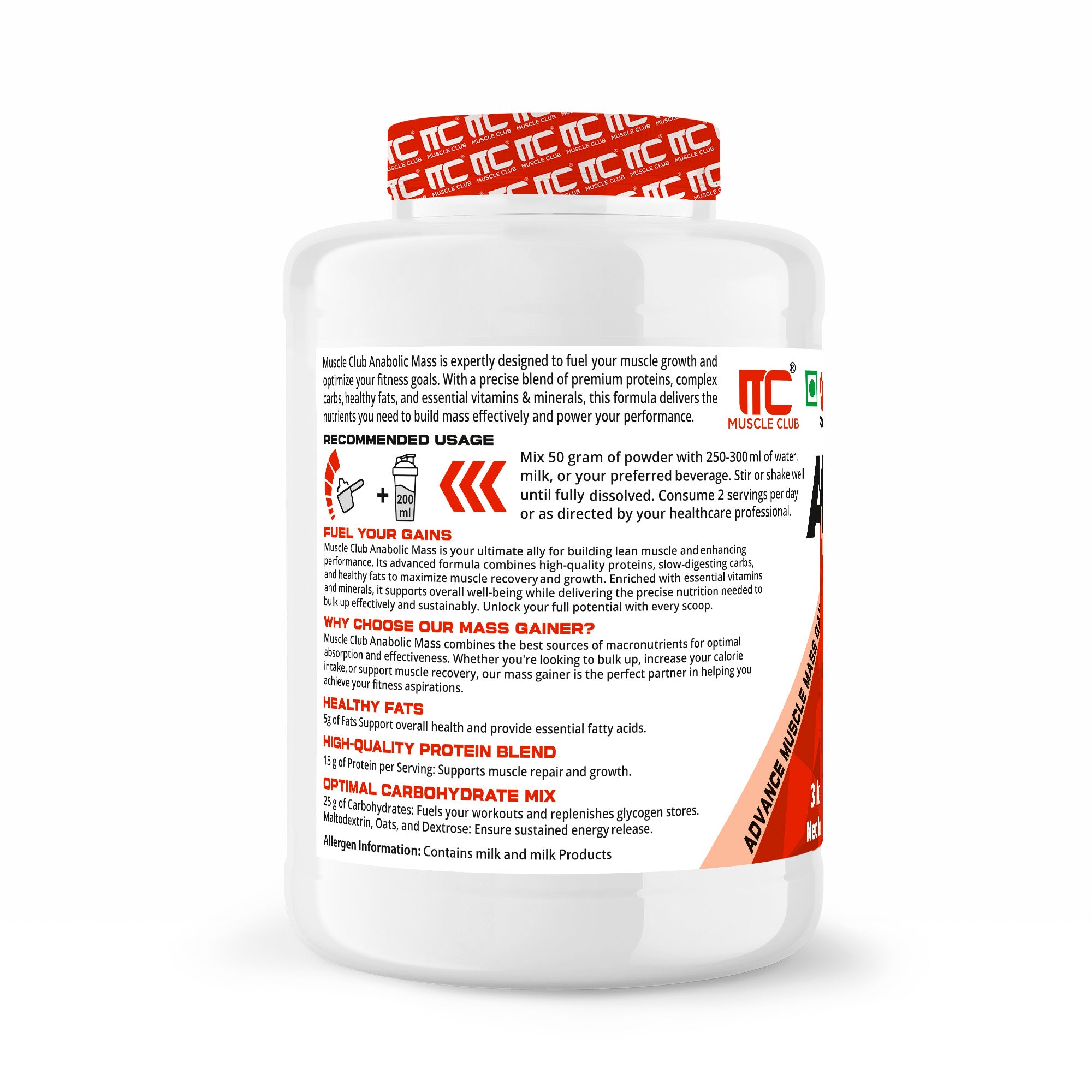 Muscle Club Anabolic Mass Gainer – 3kg 60 Serving – High-Calorie Weight Gainer with Protein, Complex Carbs, L-Glutamine, Creatine & Dietary Fibre – Supports Muscle Growth & Recovery - Muscle Club