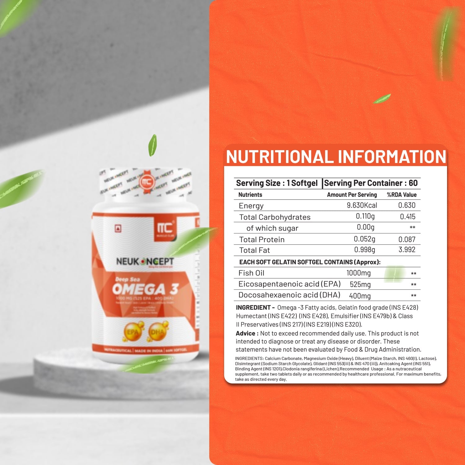 Deep Sea Fish Oil (Omega-3) - Advance Fish Oil with EPA 360mg & DHA 240mg | High absorption Omega 3 for Heart, Brain & Joints | Helps manage cholesterol | Vitamin E - Muscle Club