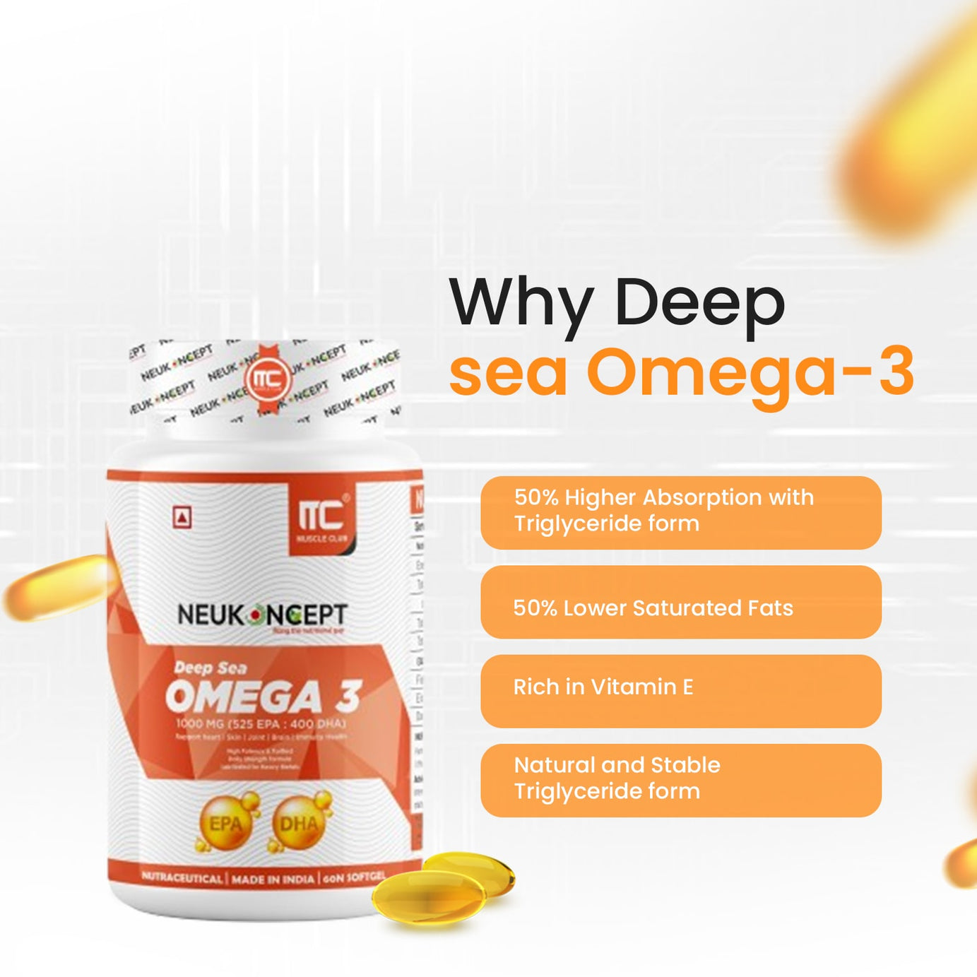 Deep Sea Fish Oil (Omega-3) - Advance Fish Oil with EPA 360mg & DHA 240mg | High absorption Omega 3 for Heart, Brain & Joints | Helps manage cholesterol | Vitamin E - Muscle Club
