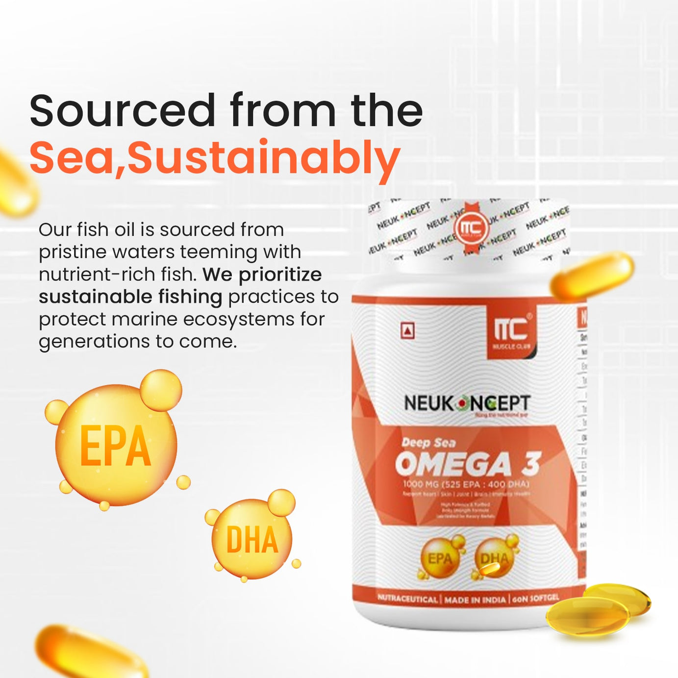 Deep Sea Fish Oil (Omega-3) - Advance Fish Oil with EPA 360mg & DHA 240mg | High absorption Omega 3 for Heart, Brain & Joints | Helps manage cholesterol | Vitamin E - Muscle Club