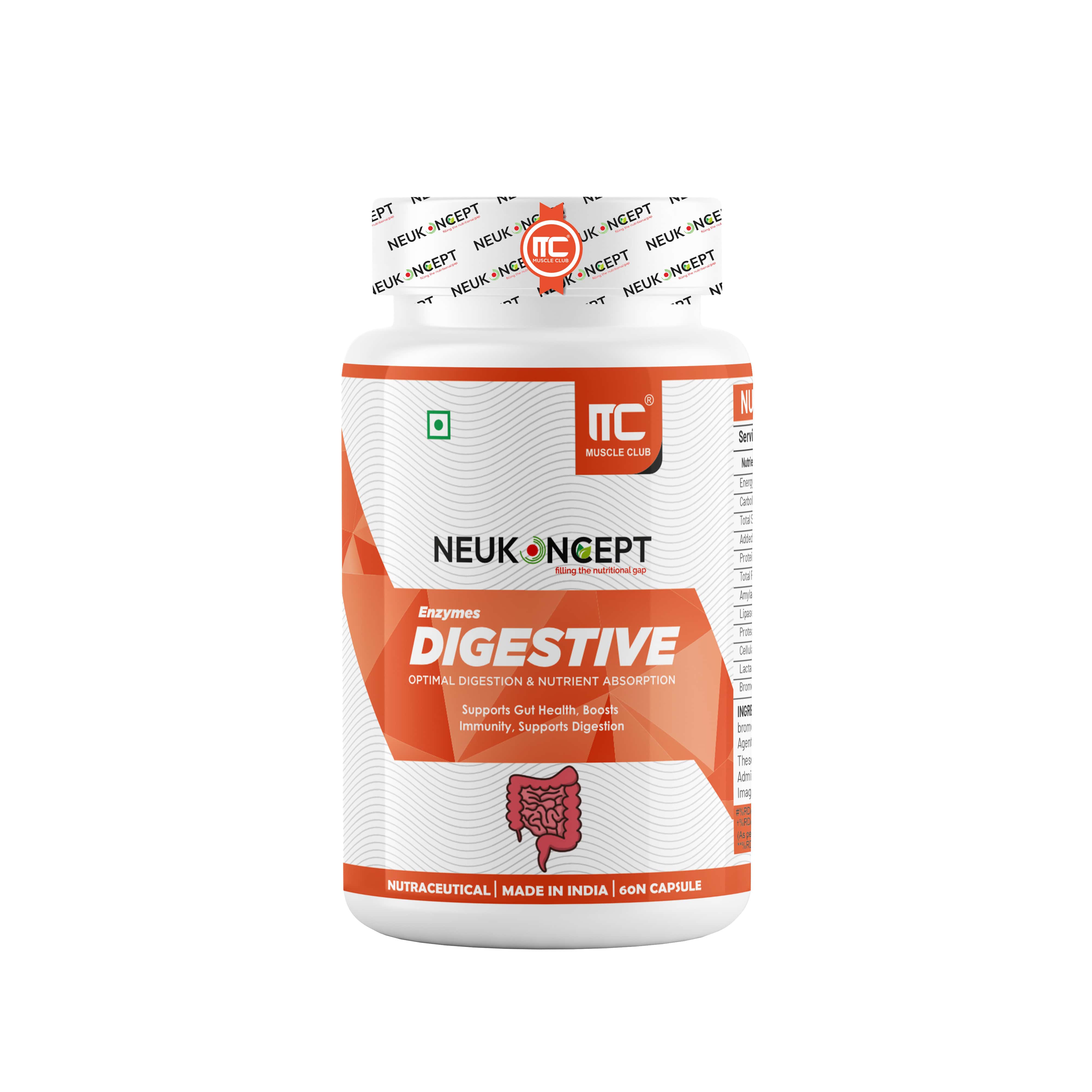 Digestive Enzymes Supplement - Supports Gut Health, Digestion, and Immune Function - Amylase, Lipase, Protease, Cellulase, Lactase, Bromelain - 60 Capsules - Muscle Club