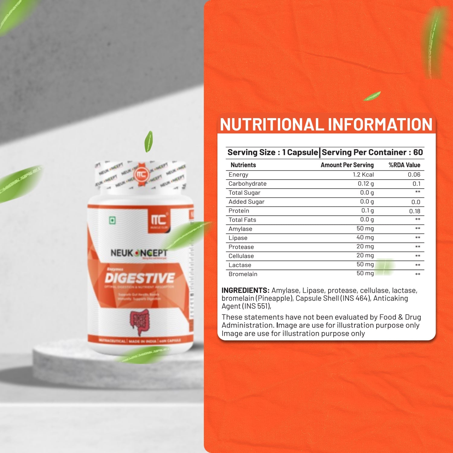 Digestive Enzymes Supplement - Supports Gut Health, Digestion, and Immune Function - Amylase, Lipase, Protease, Cellulase, Lactase, Bromelain - 60 Capsules - Muscle Club