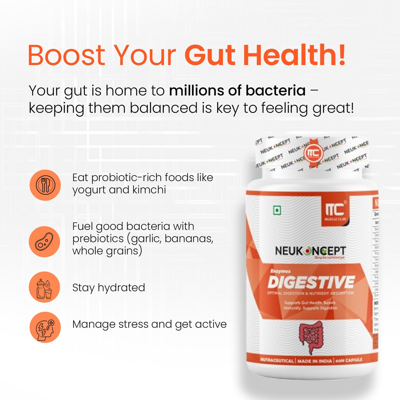 Digestive Enzymes Supplement - Supports Gut Health, Digestion, and Immune Function - Amylase, Lipase, Protease, Cellulase, Lactase, Bromelain - 60 Capsules - Muscle Club