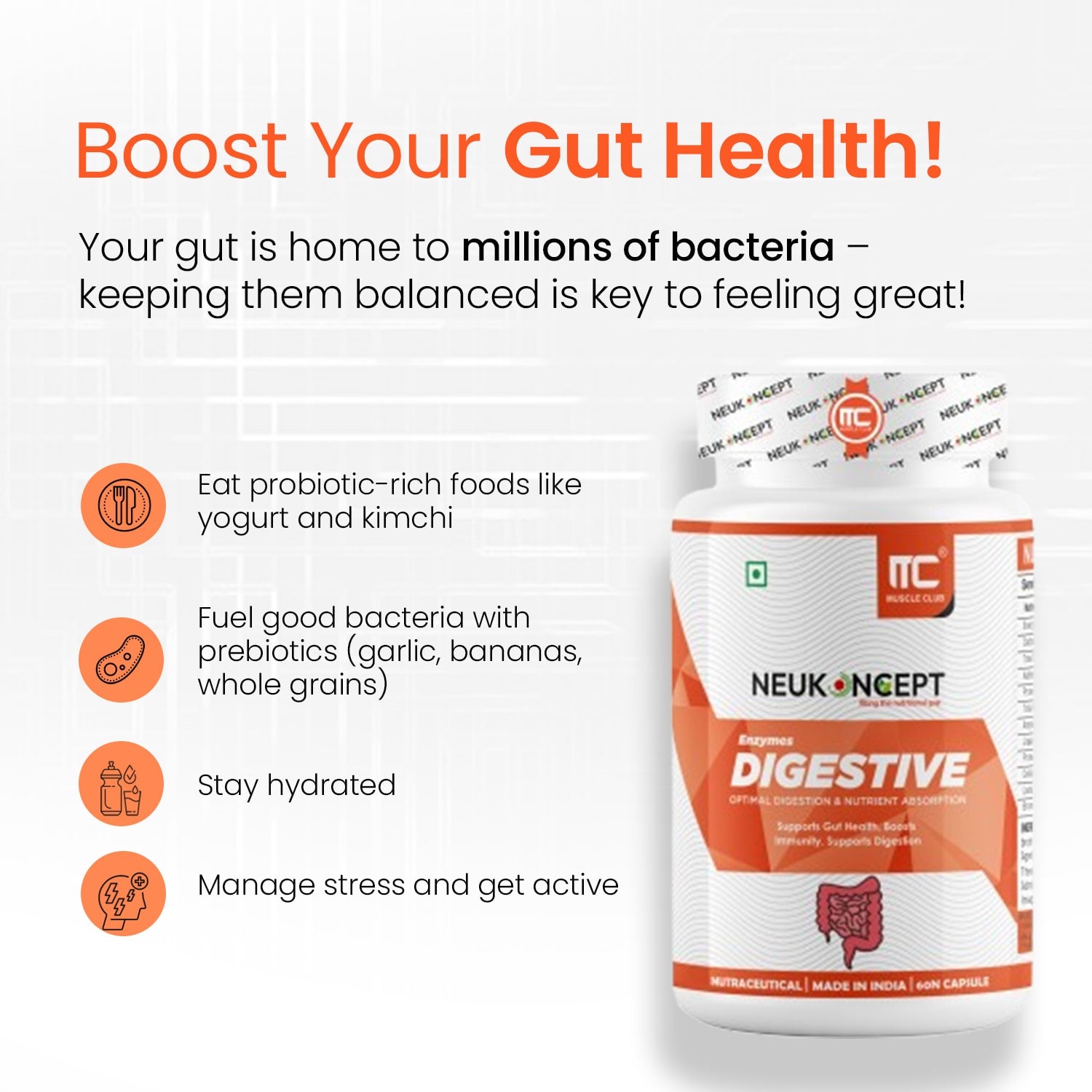 Digestive Enzymes Supplement - Supports Gut Health, Digestion, and Immune Function - Amylase, Lipase, Protease, Cellulase, Lactase, Bromelain - 60 Capsules - Muscle Club