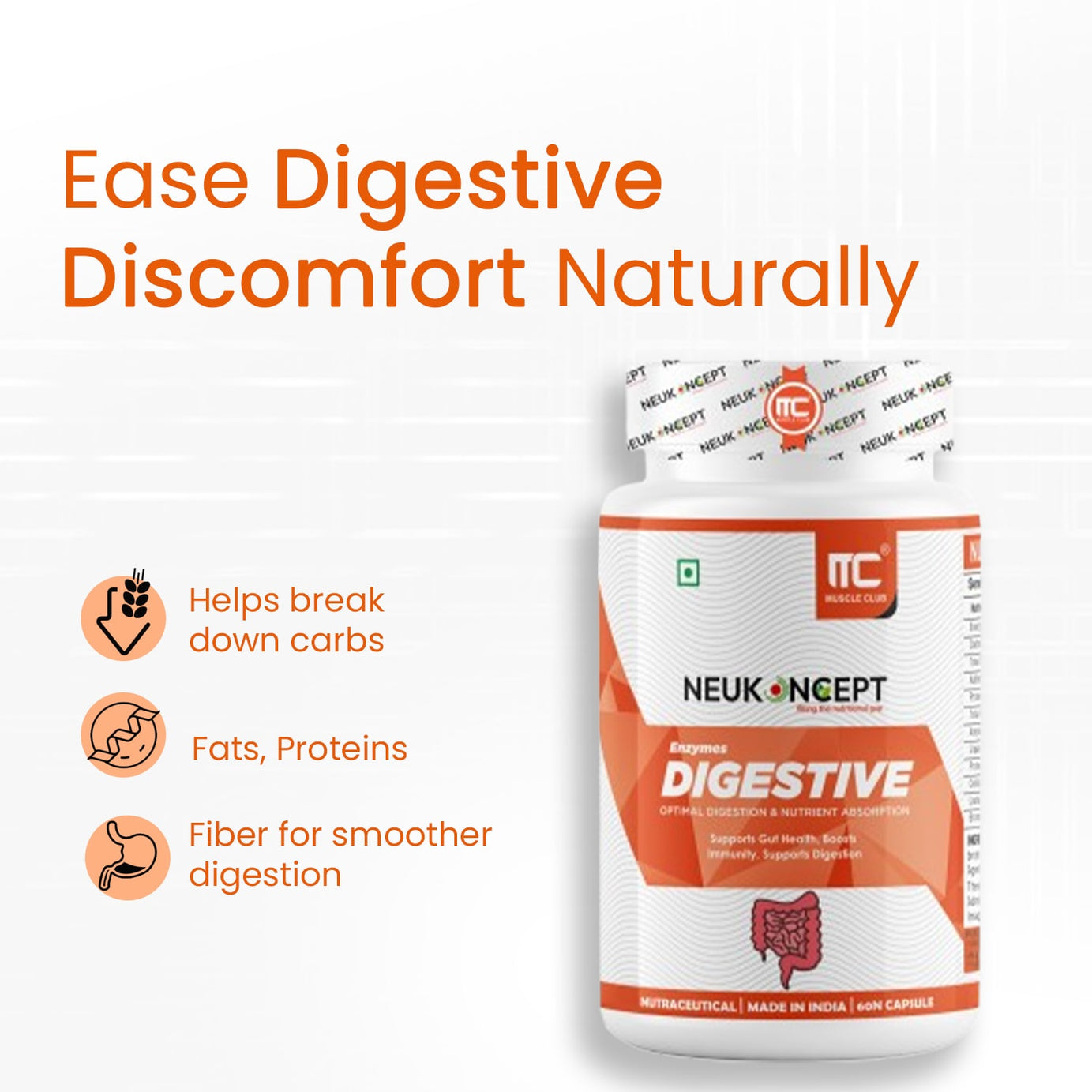 Digestive Enzymes Supplement - Supports Gut Health, Digestion, and Immune Function - Amylase, Lipase, Protease, Cellulase, Lactase, Bromelain - 60 Capsules - Muscle Club