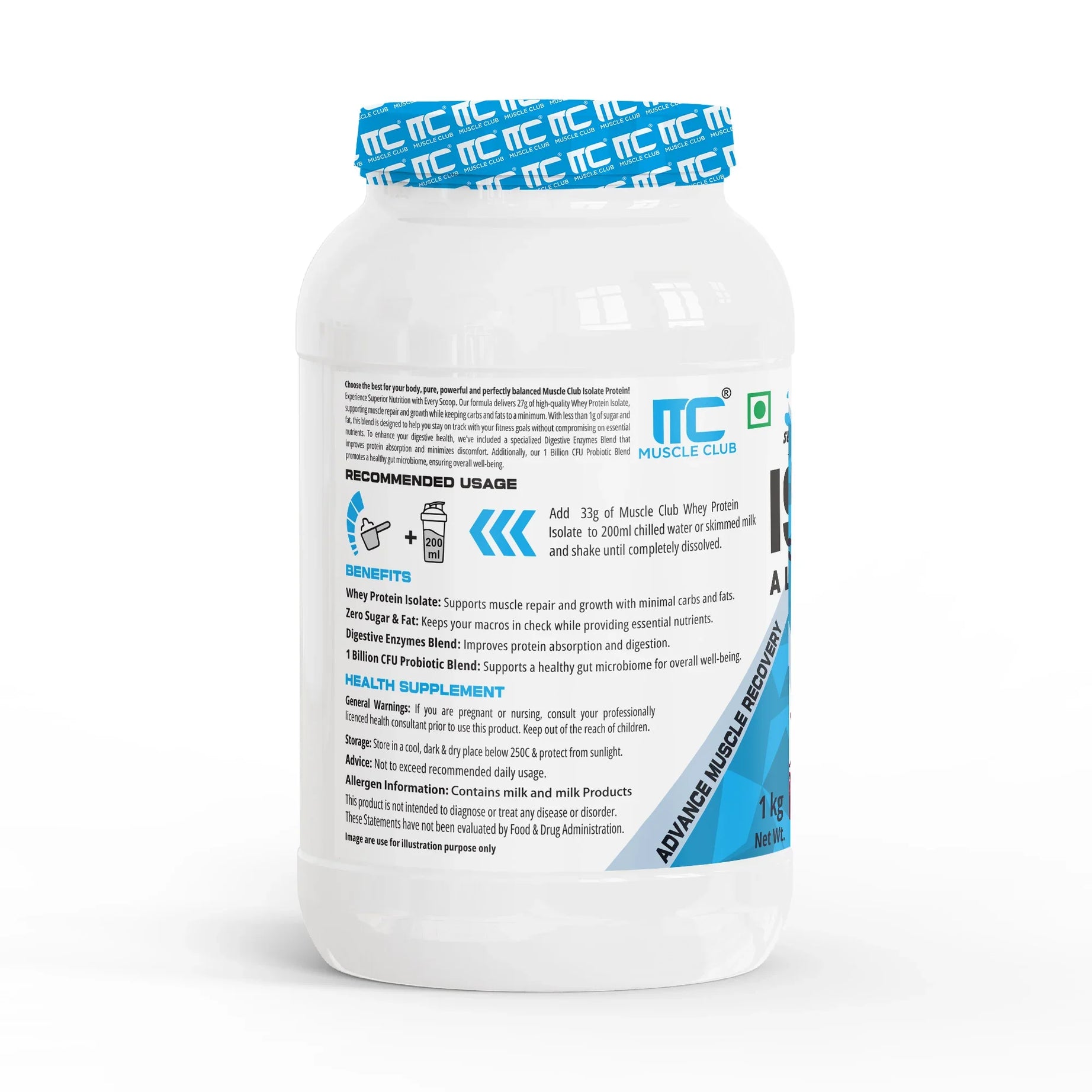 100% Isolate Whey Protein - Advanced Muscle Recovery Formula |27g of Fast-Digesting Pure Protein | with L-Arginine, BCAAs, and Glutamine for Muscle Building - Muscle Club