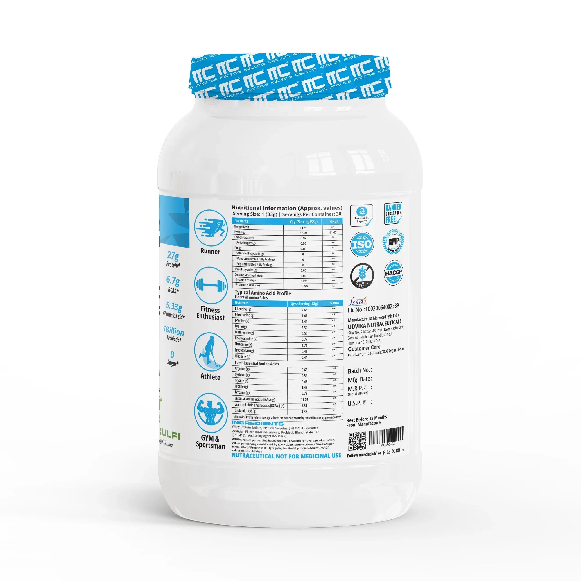 100% Isolate Whey Protein - Advanced Muscle Recovery Formula |27g of Fast-Digesting Pure Protein | with L-Arginine, BCAAs, and Glutamine for Muscle Building - Muscle Club