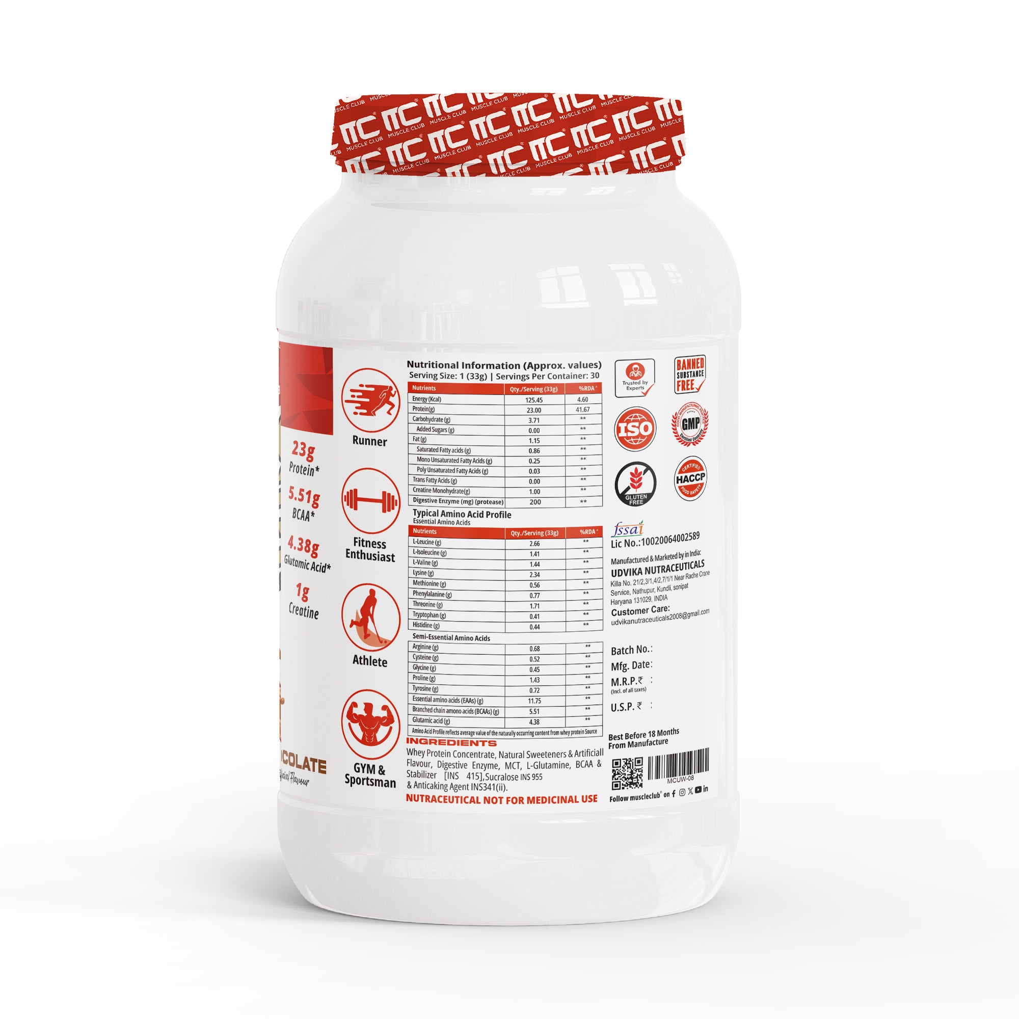 Muscle Club Ultra Whey Protein – 1kg – Premium Whey Protein Isolate & Concentrate Blend – Fast Absorbing Protein Powder with BCAAs & Glutamine – Supports Muscle Growth, Strength & Recovery – Low Carb & Low Fat - Muscle Club