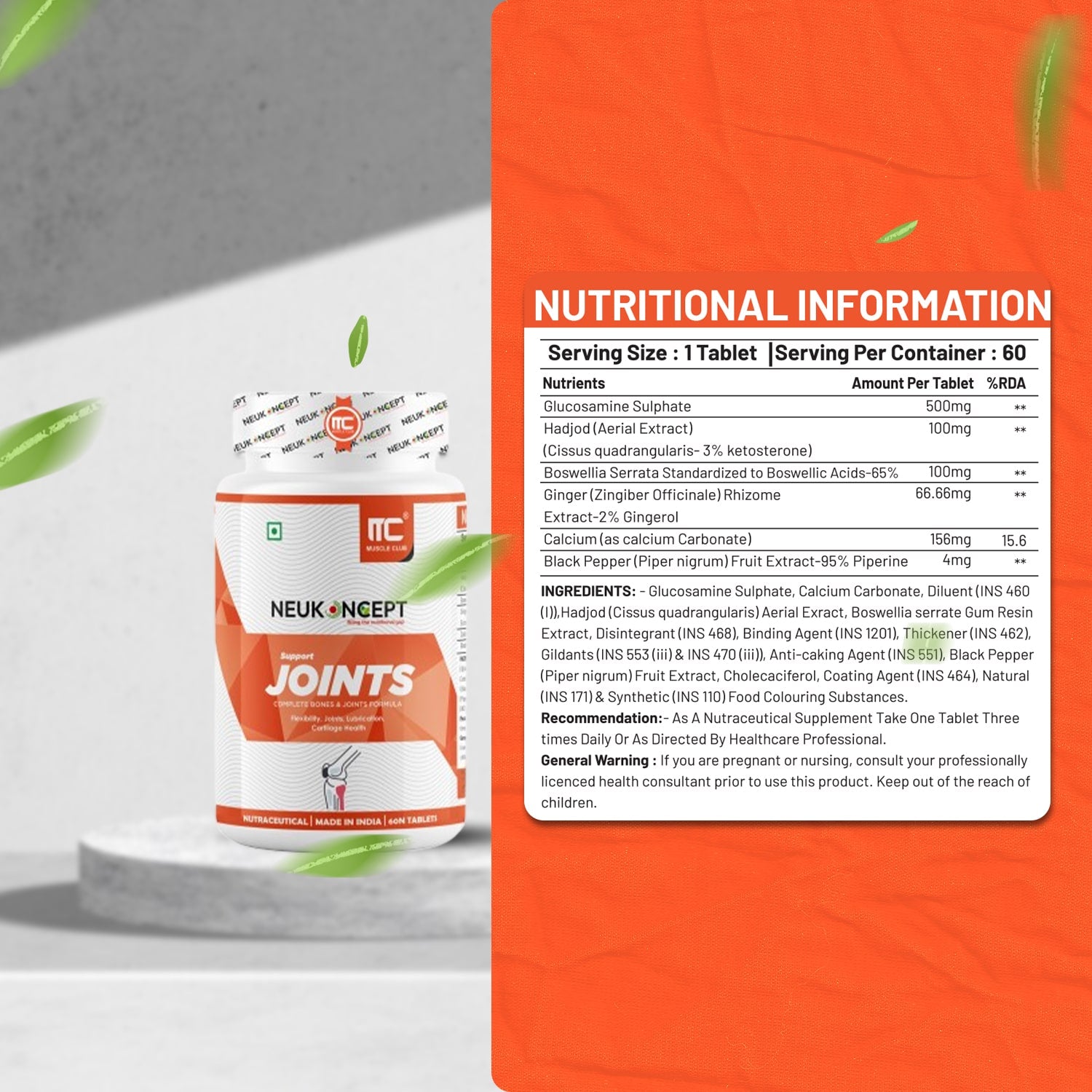 Joint Support - Advanced Joint Health Supplement with Glucosamine, Boswellia, Hadjod | 60 Tablets - Muscle Club