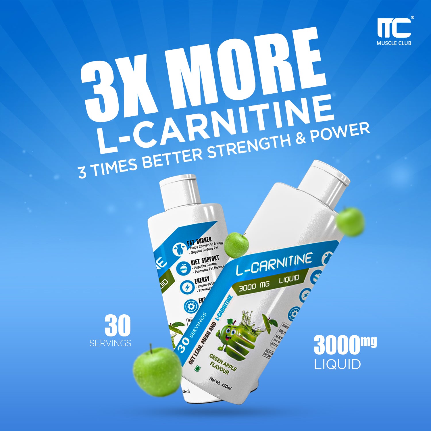 L-Carnitine 3000 mg Liquid - Green Apple Flavor - Energy and Fat Metabolism Support Supplement | 450ml - Muscle Club