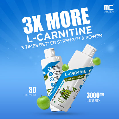 L-Carnitine 3000 mg Liquid - Green Apple Flavor - Energy and Fat Metabolism Support Supplement | 450ml - Muscle Club
