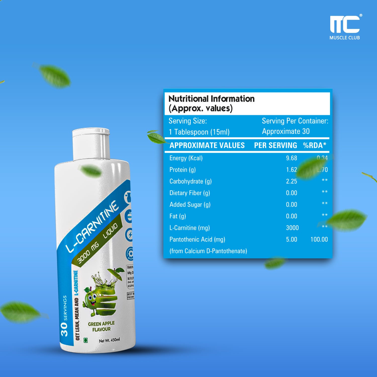 L-Carnitine 3000 mg Liquid - Green Apple Flavor - Energy and Fat Metabolism Support Supplement | 450ml - Muscle Club