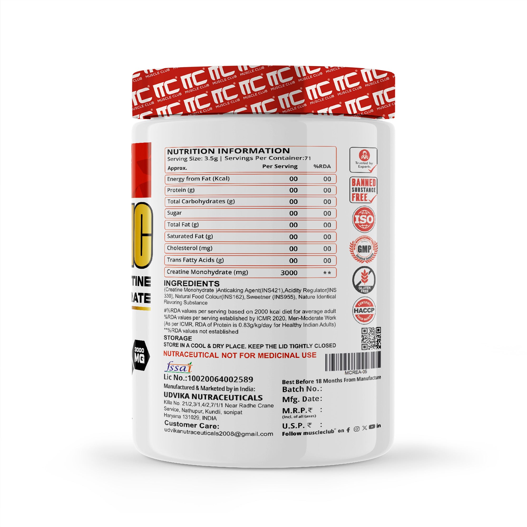 Muscle Club Creat-MC Micronized Creatine Powder for Supports Muscle Recovery, Strength Gains, and Lean Muscle Mass, 250g, 83 Servings - Muscle Club