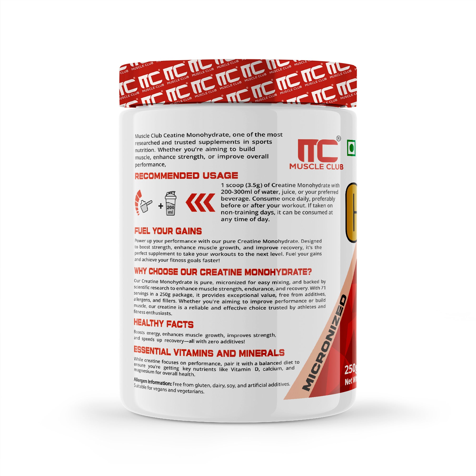 Muscle Club Creat-MC Micronized Creatine Powder for Supports Muscle Recovery, Strength Gains, and Lean Muscle Mass, 250g, 83 Servings - Muscle Club