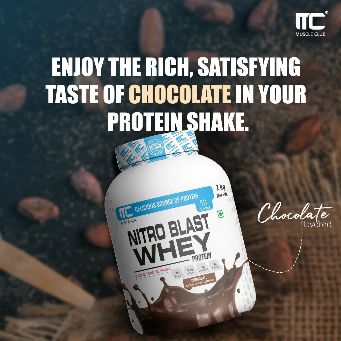 Nitro Blast Whey Protein -  Unique Blend of Isolate, Concentrate, and Hydrolyzed Whey | 25g Protein, 5.5g BCAAs, 5g Glutamine, 3g Creatine | 2KG | 50 Servings - Muscle Club