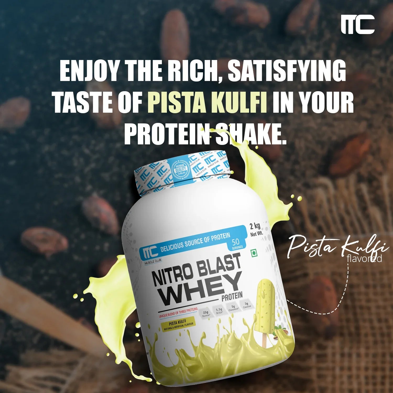 Nitro Blast Whey Protein -  Unique Blend of Isolate, Concentrate, and Hydrolyzed Whey | 25g Protein, 5.5g BCAAs, 5g Glutamine, 3g Creatine | 2KG | 50 Servings - Muscle Club