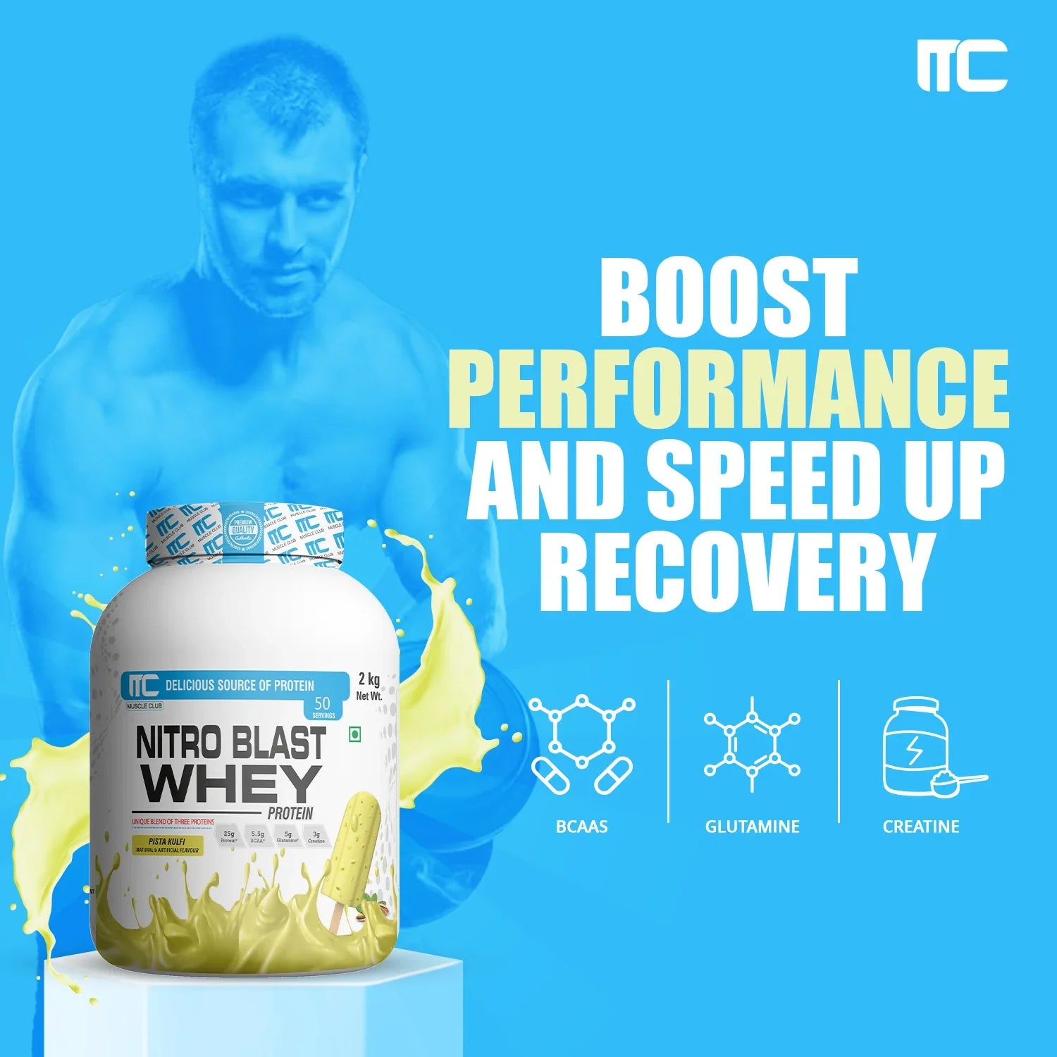 Nitro Blast Whey Protein -  Unique Blend of Isolate, Concentrate, and Hydrolyzed Whey | 25g Protein, 5.5g BCAAs, 5g Glutamine, 3g Creatine | 2KG | 50 Servings - Muscle Club