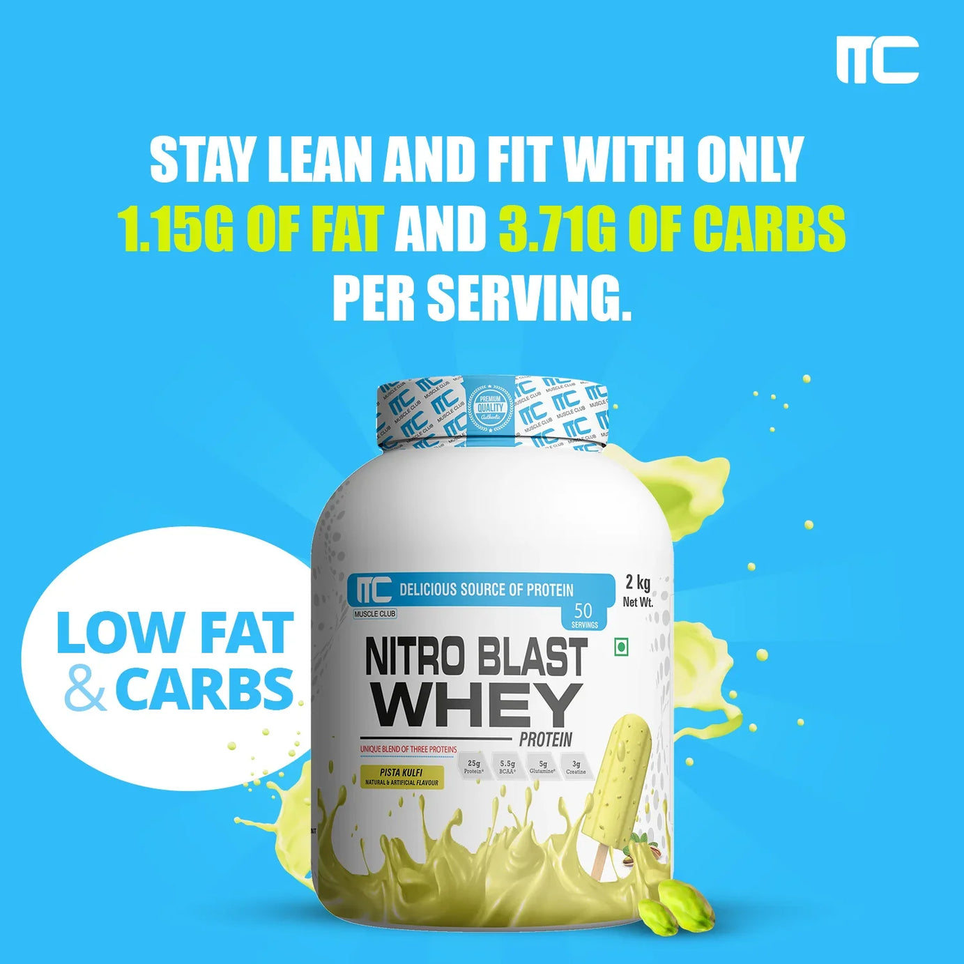 Nitro Blast Whey Protein -  Unique Blend of Isolate, Concentrate, and Hydrolyzed Whey | 25g Protein, 5.5g BCAAs, 5g Glutamine, 3g Creatine | 2KG | 50 Servings - Muscle Club