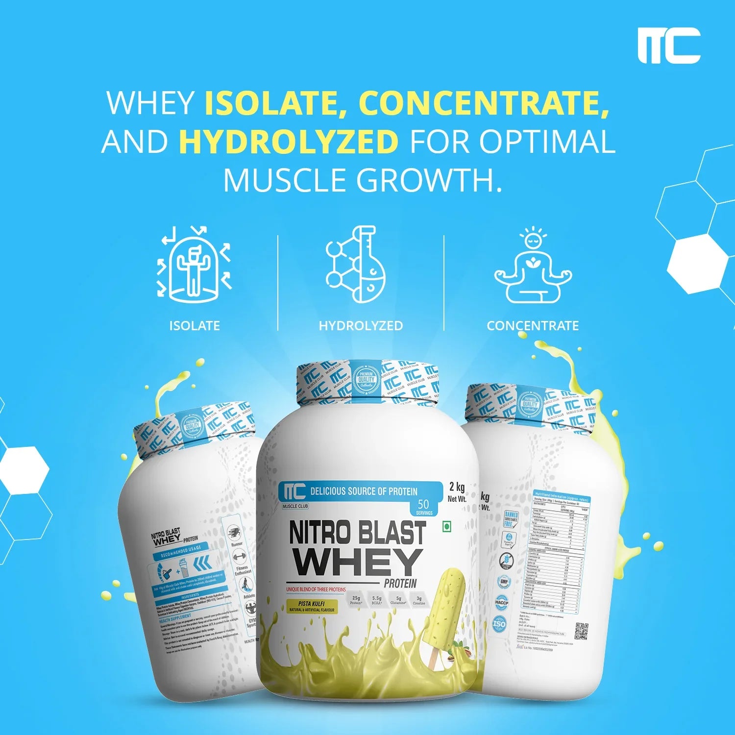 Nitro Blast Whey Protein -  Unique Blend of Isolate, Concentrate, and Hydrolyzed Whey | 25g Protein, 5.5g BCAAs, 5g Glutamine, 3g Creatine | 2KG | 50 Servings - Muscle Club