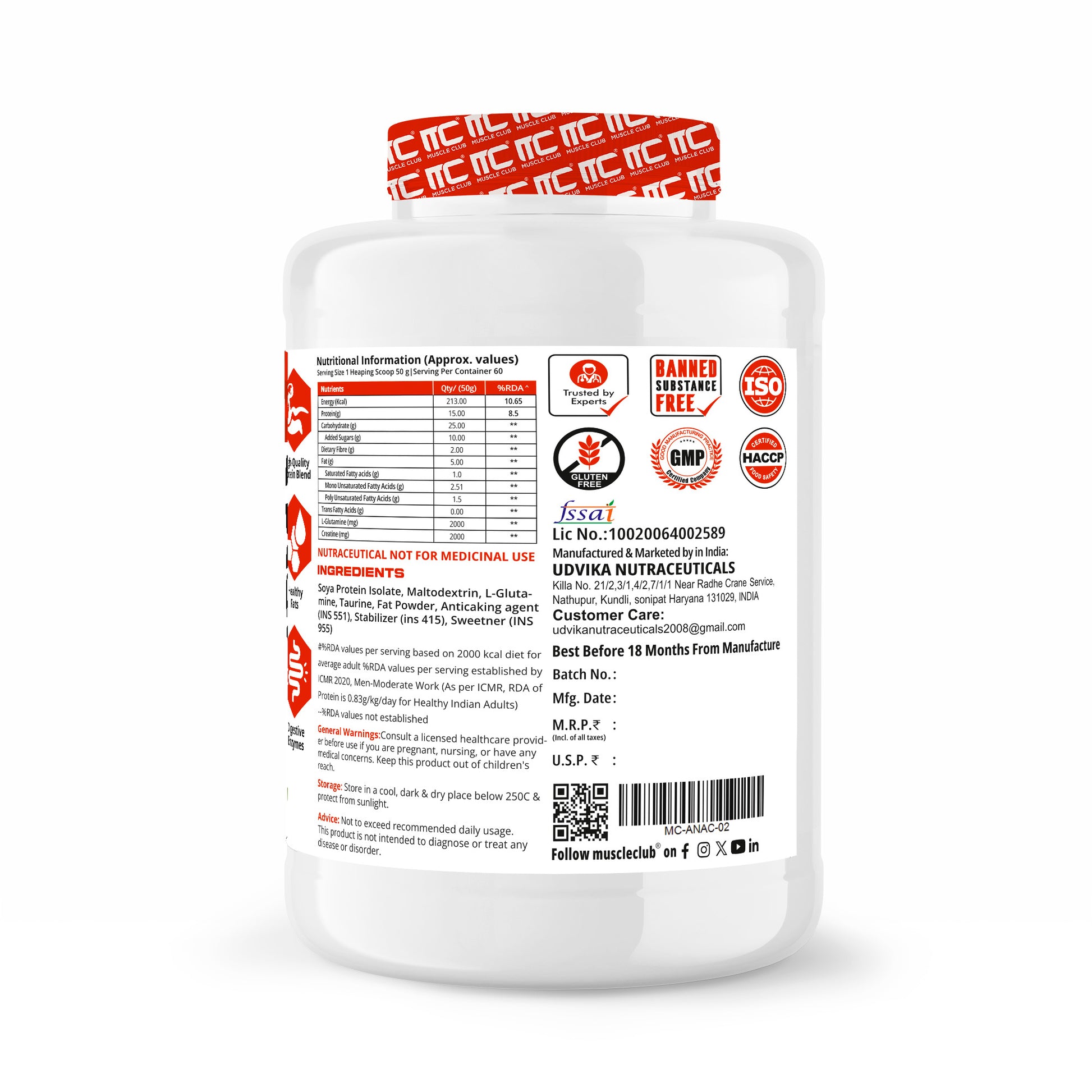Muscle Club Anabolic Mass Gainer – 3kg 60 Serving – High-Calorie Weight Gainer with Protein, Complex Carbs, L-Glutamine, Creatine & Dietary Fibre – Supports Muscle Growth & Recovery - Muscle Club
