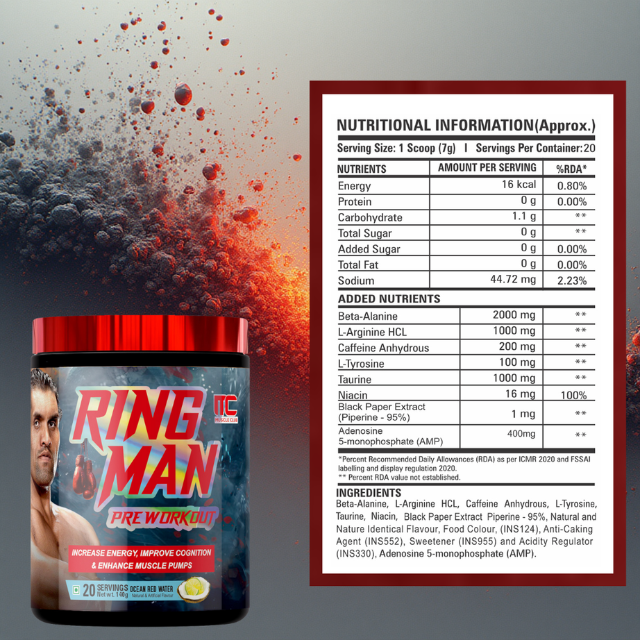 Ring Man Pre-Workout by The Great Khali | Intense Energy & Laser Focus | Powered by AMP , 2000mg Beta-Alanine & 200mg Caffeine