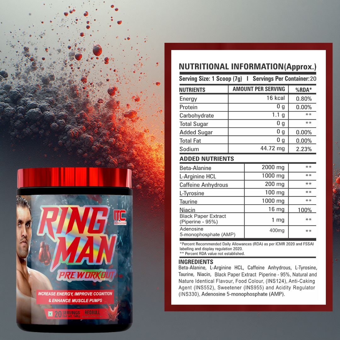 Ring Man Pre-Workout by The Great Khali | Intense Energy & Laser Focus | Powered by AMP , 2000mg Beta-Alanine & 200mg Caffeine