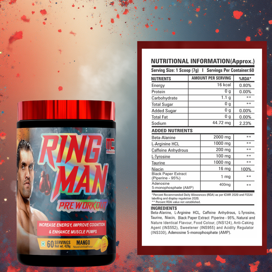 Ring Man Pre-Workout by The Great Khali | Intense Energy & Laser Focus | Powered by ATP , 2000mg Beta-Alanine & 100mg Caffeine