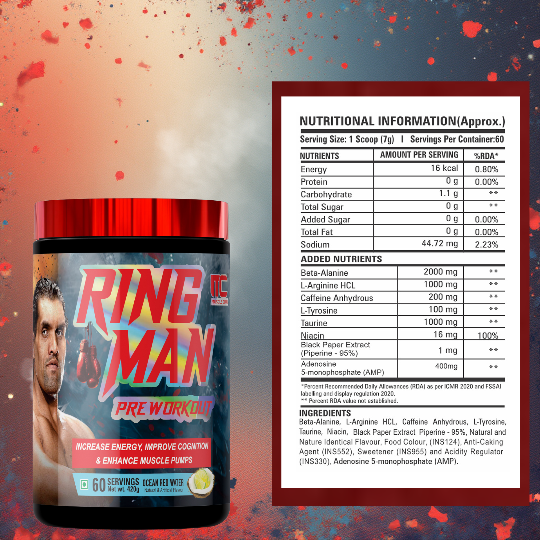 Ring Man Pre-Workout by The Great Khali | Intense Energy & Laser Focus | Powered by ATP , 2000mg Beta-Alanine & 100mg Caffeine