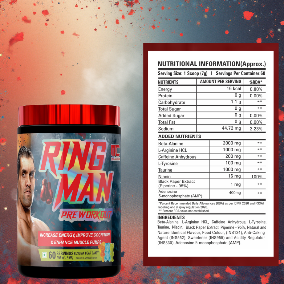 Ring Man Pre-Workout by The Great Khali | Intense Energy & Laser Focus | Powered by ATP , 2000mg Beta-Alanine & 100mg Caffeine