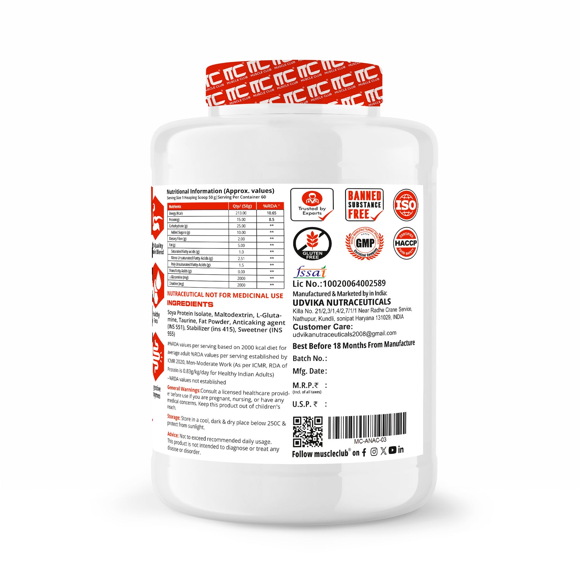 Muscle Club Anabolic Mass Gainer – 3kg 60 Serving – High-Calorie Weight Gainer with Protein, Complex Carbs, L-Glutamine, Creatine & Dietary Fibre – Supports Muscle Growth & Recovery - Muscle Club