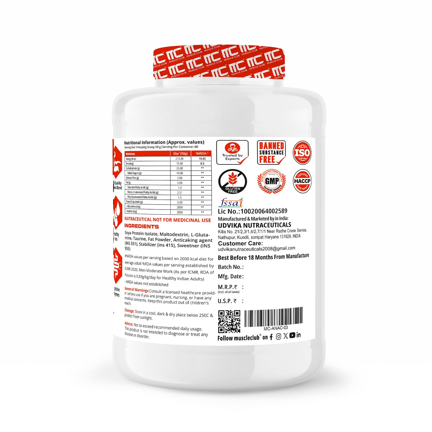 Muscle Club Anabolic Mass Gainer – 3kg 60 Serving – High-Calorie Weight Gainer with Protein, Complex Carbs, L-Glutamine, Creatine & Dietary Fibre – Supports Muscle Growth & Recovery - Muscle Club