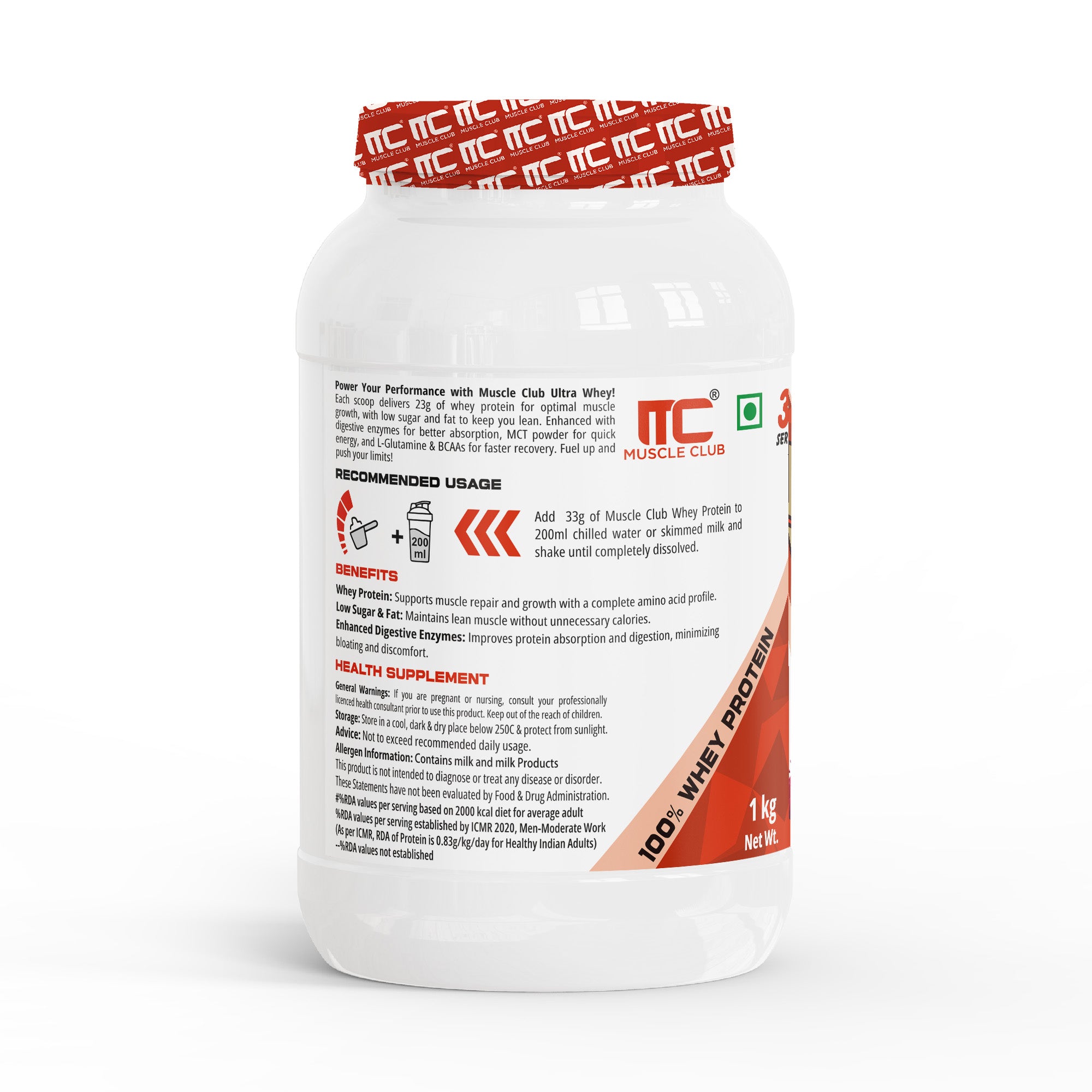Muscle Club Ultra Whey Protein – 1kg – Premium Whey Protein Isolate & Concentrate Blend – Fast Absorbing Protein Powder with BCAAs & Glutamine – Supports Muscle Growth, Strength & Recovery – Low Carb & Low Fat - Muscle Club