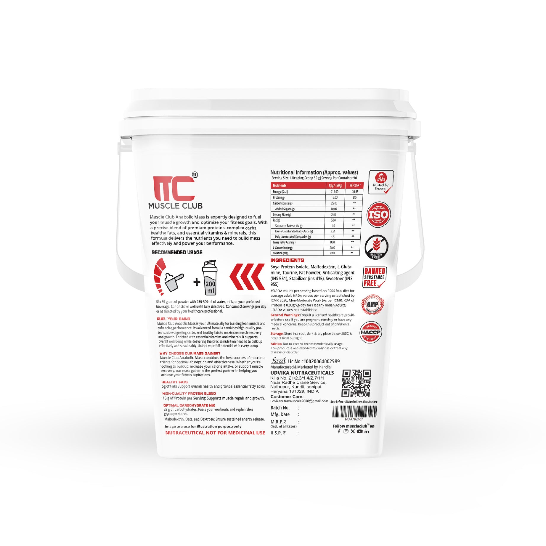 Muscle Club Anabolic Mass Gainer – 3kg 60 Serving – High-Calorie Weight Gainer with Protein, Complex Carbs, L-Glutamine, Creatine & Dietary Fibre – Supports Muscle Growth & Recovery - Muscle Club