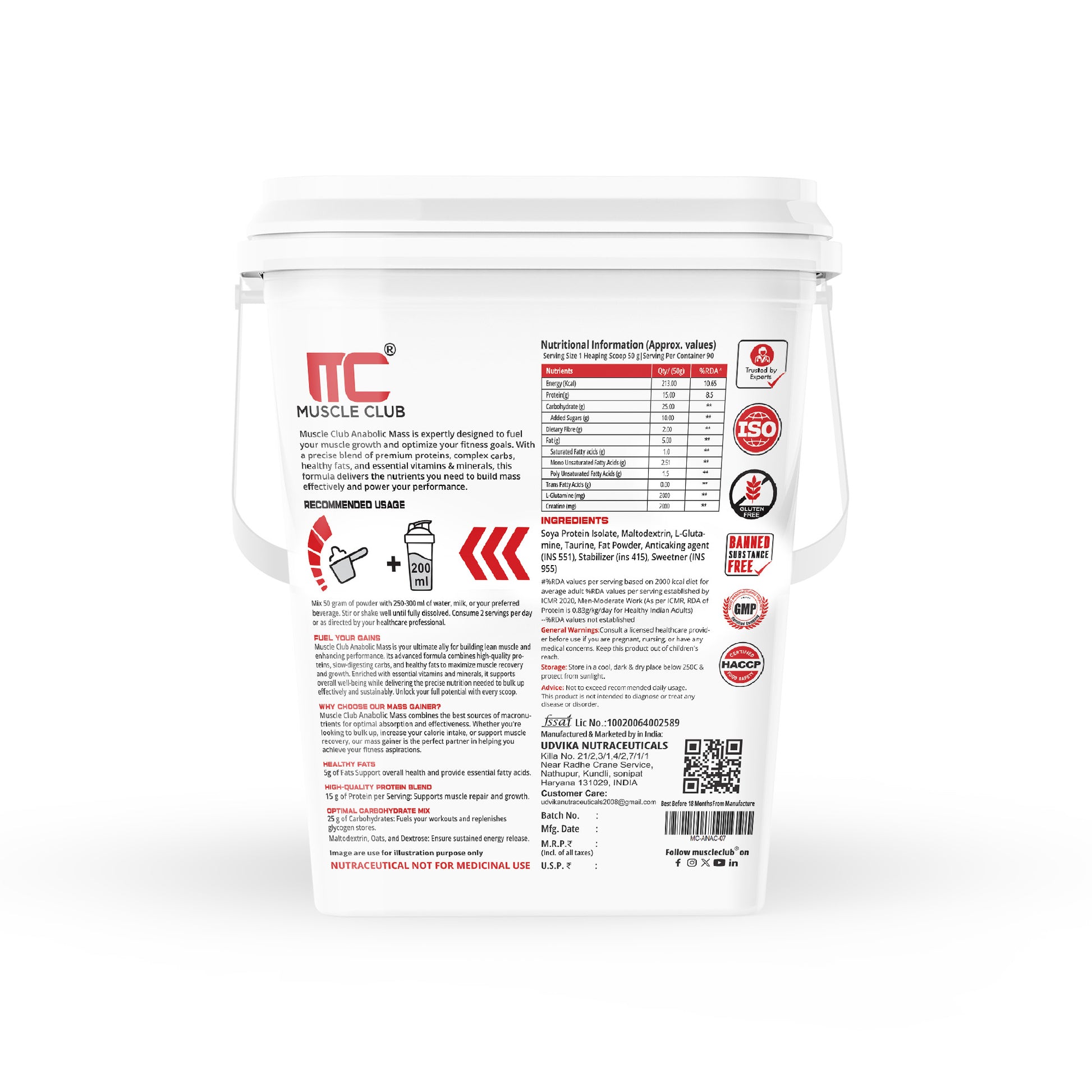 Muscle Club Anabolic Mass Gainer – 3kg 60 Serving – High-Calorie Weight Gainer with Protein, Complex Carbs, L-Glutamine, Creatine & Dietary Fibre – Supports Muscle Growth & Recovery - Muscle Club