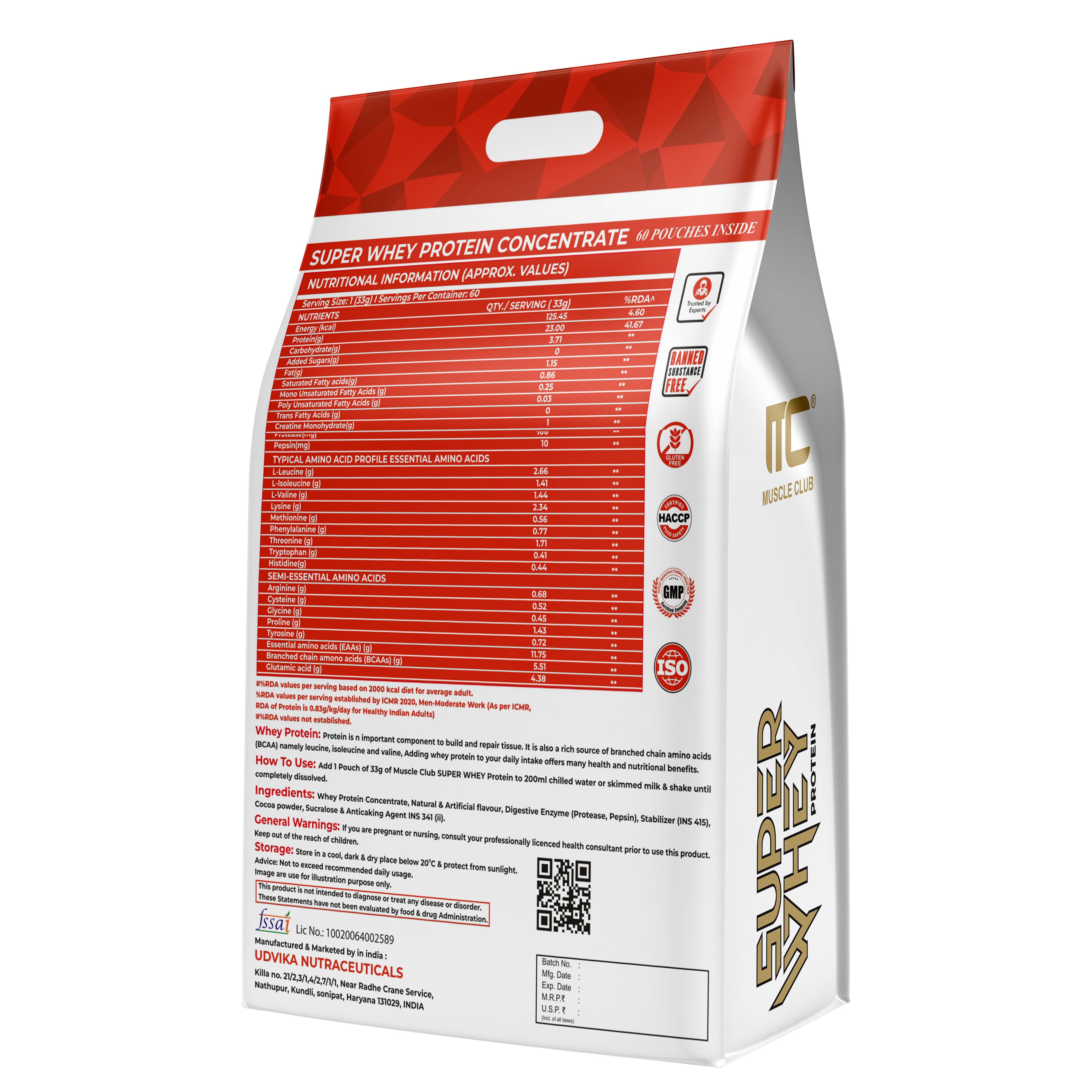 Muscle Club Super Whey Protein Concentrate - 60 Sachets | High-Quality Whey Protein | 1g Creatine Monohydrate | Health Supplement for Gym & Sports Enthusiasts - Muscle Club