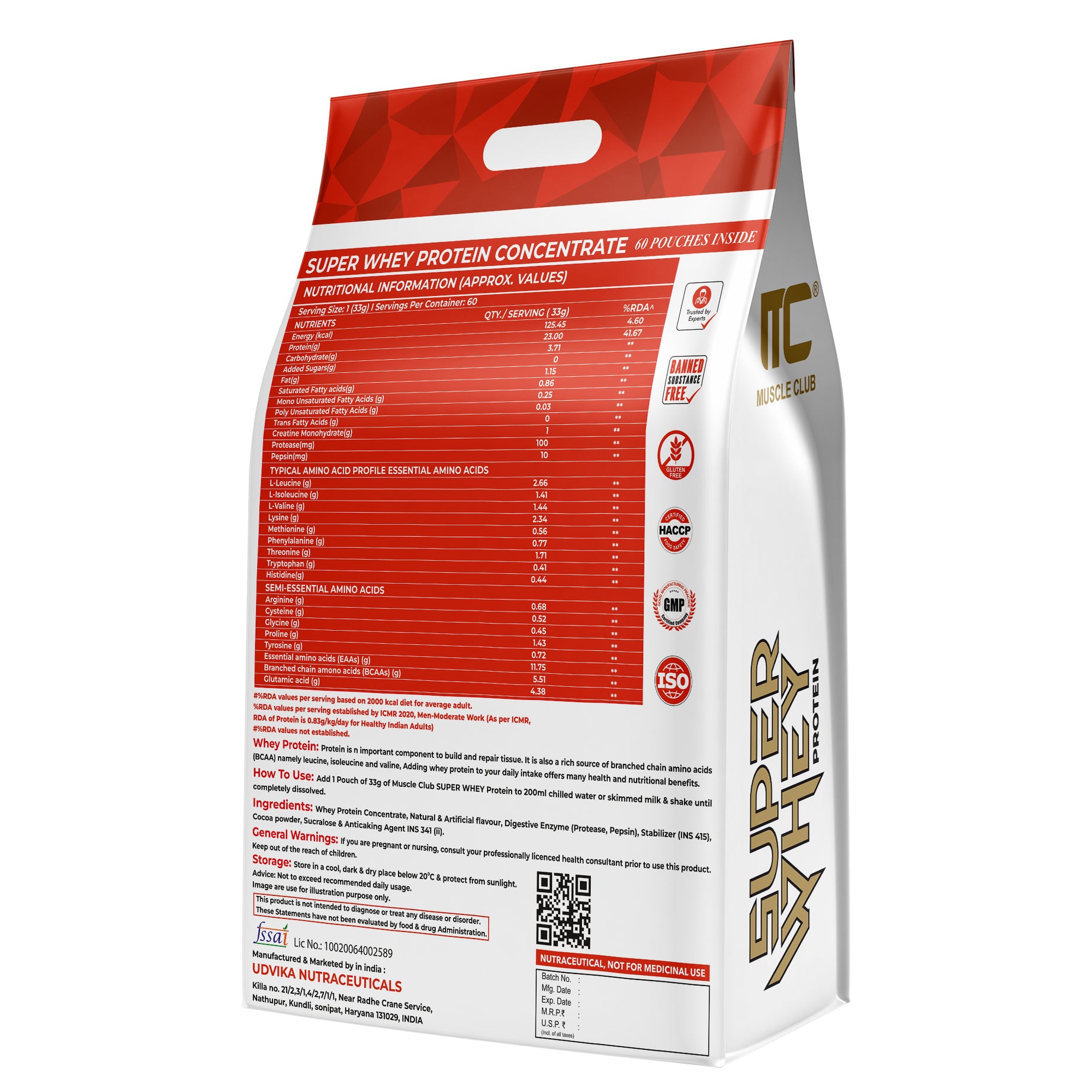 Muscle Club Super Whey Protein - 60 Sachets | High-Quality Whey Protein | 1g Creatine Monohydrate | Health Supplement for Gym & Sports Enthusiasts