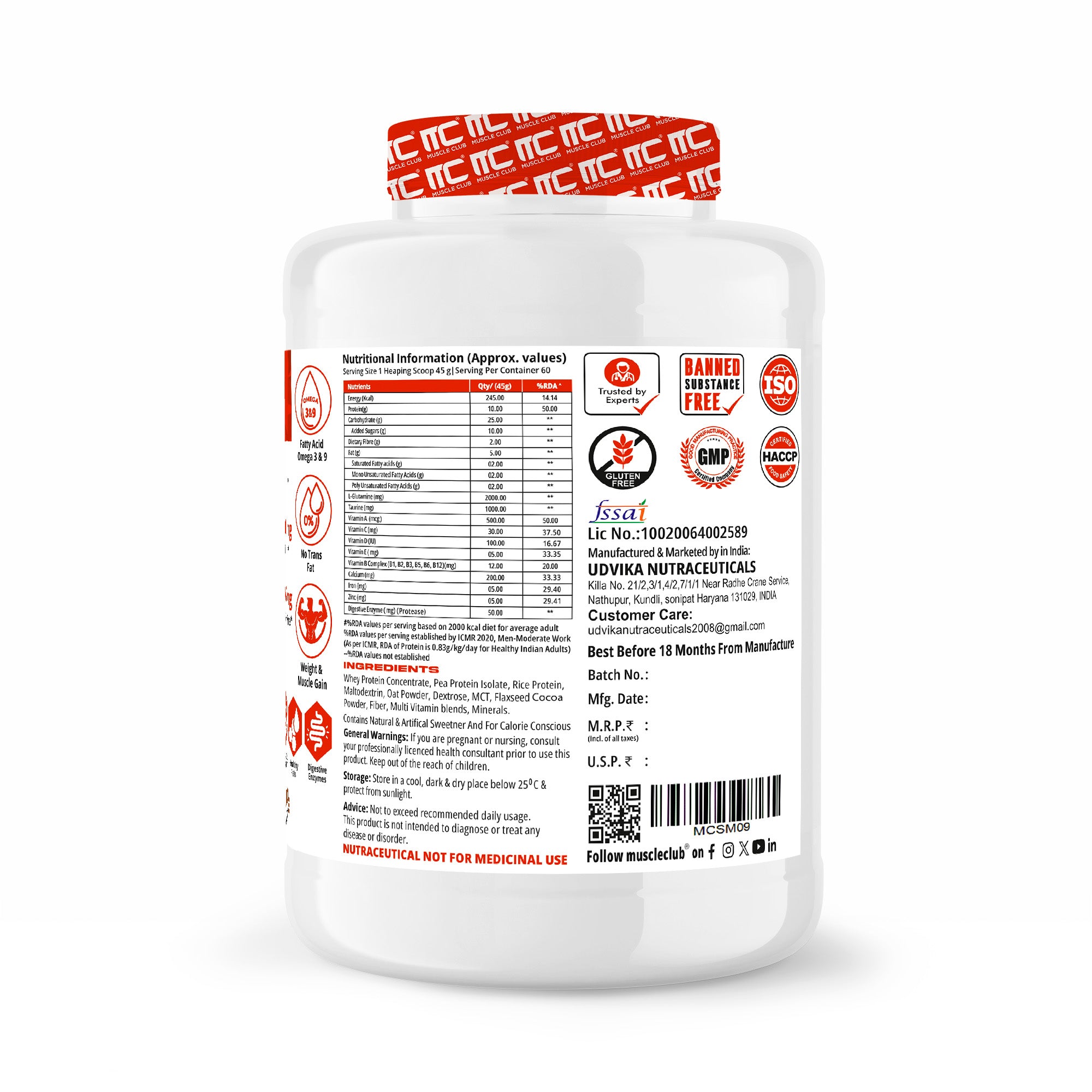 Muscle Club Super Mass Gainer – 1kg – Weight Gainer with L-Glutamine, Taurine, Vitamin A, B-Complex, Calcium, Iron, Zinc & Vitamin D – Supports Muscle Growth, Recovery & Weight Gain - Muscle Club