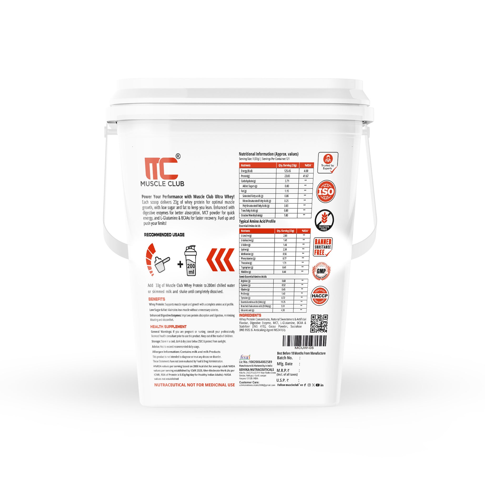 Muscle Club Ultra Whey Protein – 1kg – Premium Whey Protein Isolate & Concentrate Blend – Fast Absorbing Protein Powder with BCAAs & Glutamine – Supports Muscle Growth, Strength & Recovery – Low Carb & Low Fat - Muscle Club