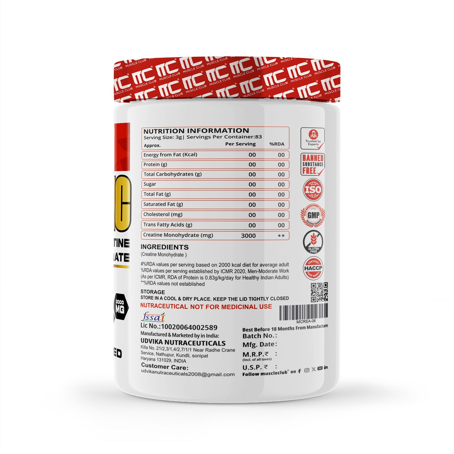 Muscle Club Creat-MC Micronized Creatine Powder for Supports Muscle Recovery, Strength Gains, and Lean Muscle Mass, 250g, 83 Servings - Muscle Club